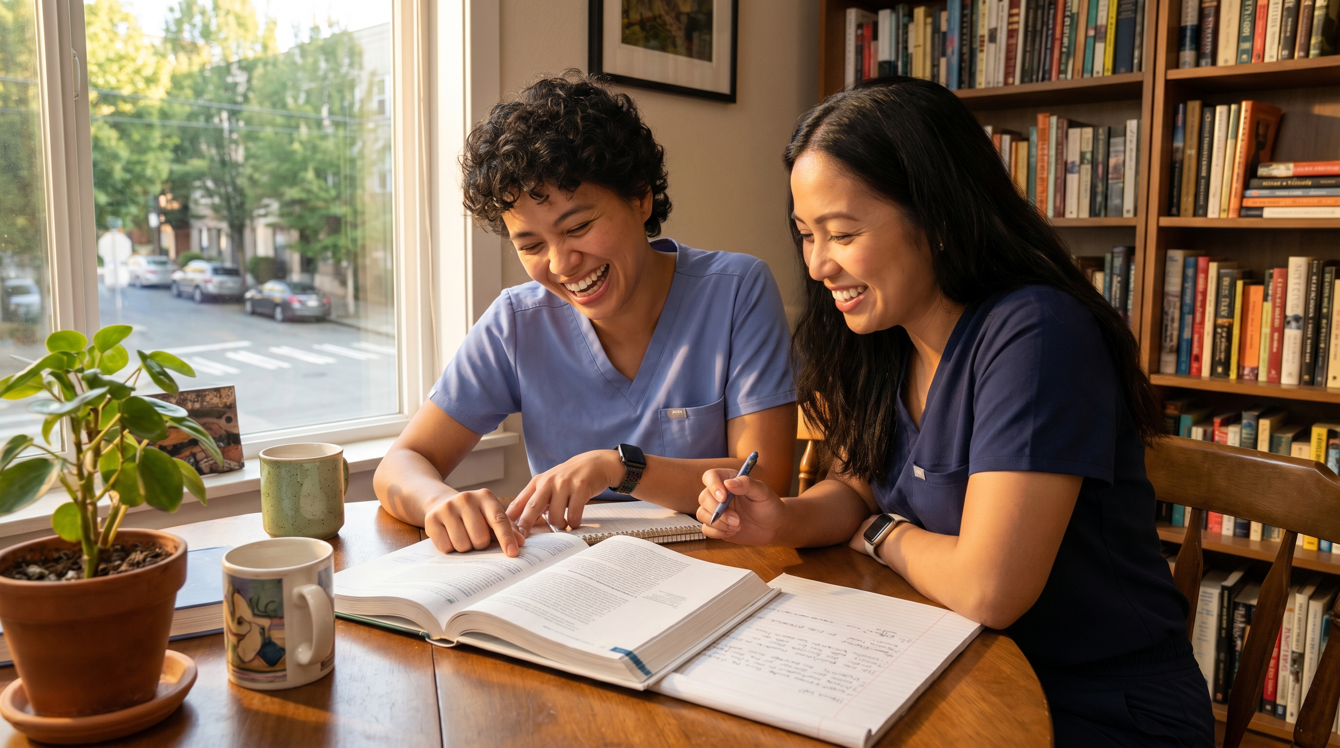 Two nurses studying at a desk